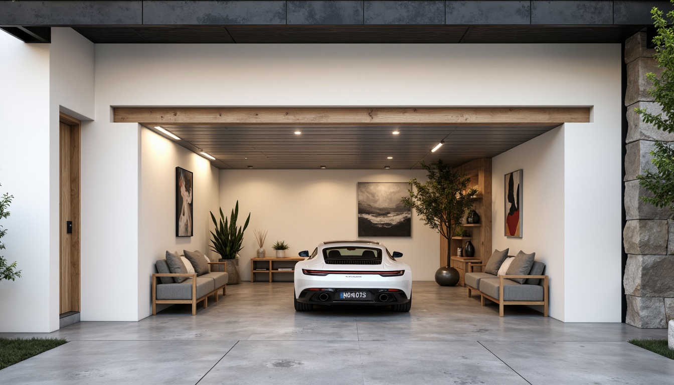 Prompt: Minimalist family garage, neutral color palette, exposed concrete floors, industrial-style metal beams, plain white walls, sleek aluminum doors, modern LED lighting, subtle texture contrasts, matte finishes, distressed wood accents, urban-chic decor, abstract geometric patterns, monochromatic color scheme, Scandinavian-inspired simplicity, natural stone feature walls, recessed shelves, industrial-chic metal storage racks, warm ambient lighting, 1/1 composition, realistic textures, ambient occlusion.