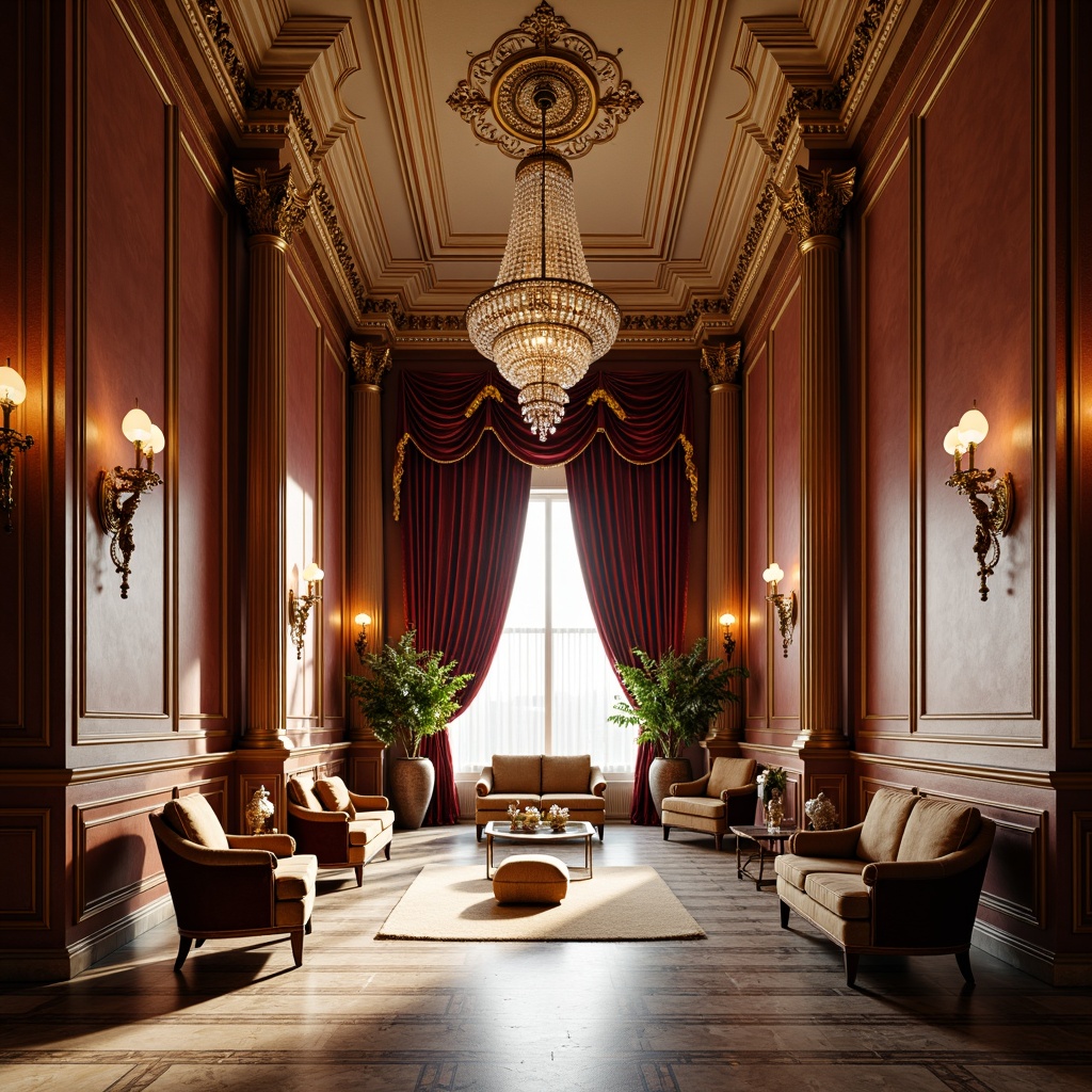 Prompt: Elegant classical interior, symmetrical composition, ornate moldings, rich wood tones, luxurious fabrics, velvet drapes, crystal chandeliers, antique furniture pieces, gilded accents, marble flooring, intricate patterns, sophisticated color palette, warm golden lighting, shallow depth of field, 1/2 composition, realistic textures, ambient occlusion.