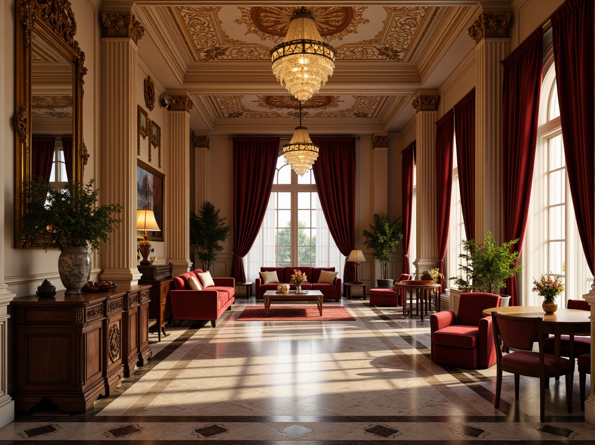 Prompt: Elegant neoclassical interior, ornate gold accents, rich wood tones, velvet upholstery, carved wooden legs, intricate marble patterns, symmetrical compositions, luxurious silk fabrics, antique bronze fixtures, crystal chandeliers, dramatic drapery, soft warm lighting, shallow depth of field, 1/1 composition, realistic textures, ambient occlusion.