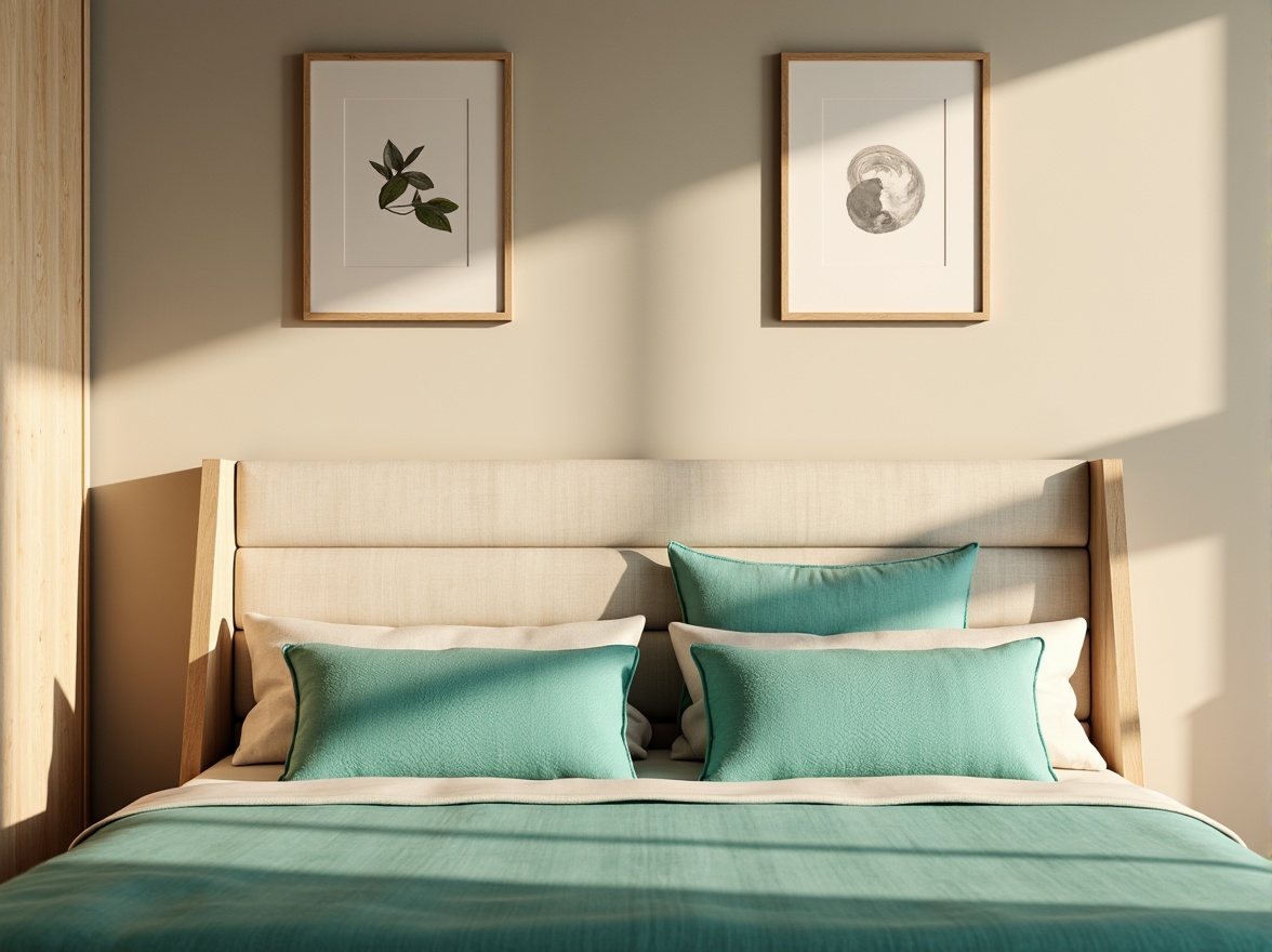 Prompt: Cozy dorm room, soft warm lighting, calming pastel colors, gentle beige walls, creamy white furniture, plush throw pillows, vibrant turquoise accents, natural wood textures, modern minimalist decor, relaxing atmosphere, comfortable bedding, soothing color scheme, serene ambiance, 1/1 composition, shallow depth of field, realistic rendering.