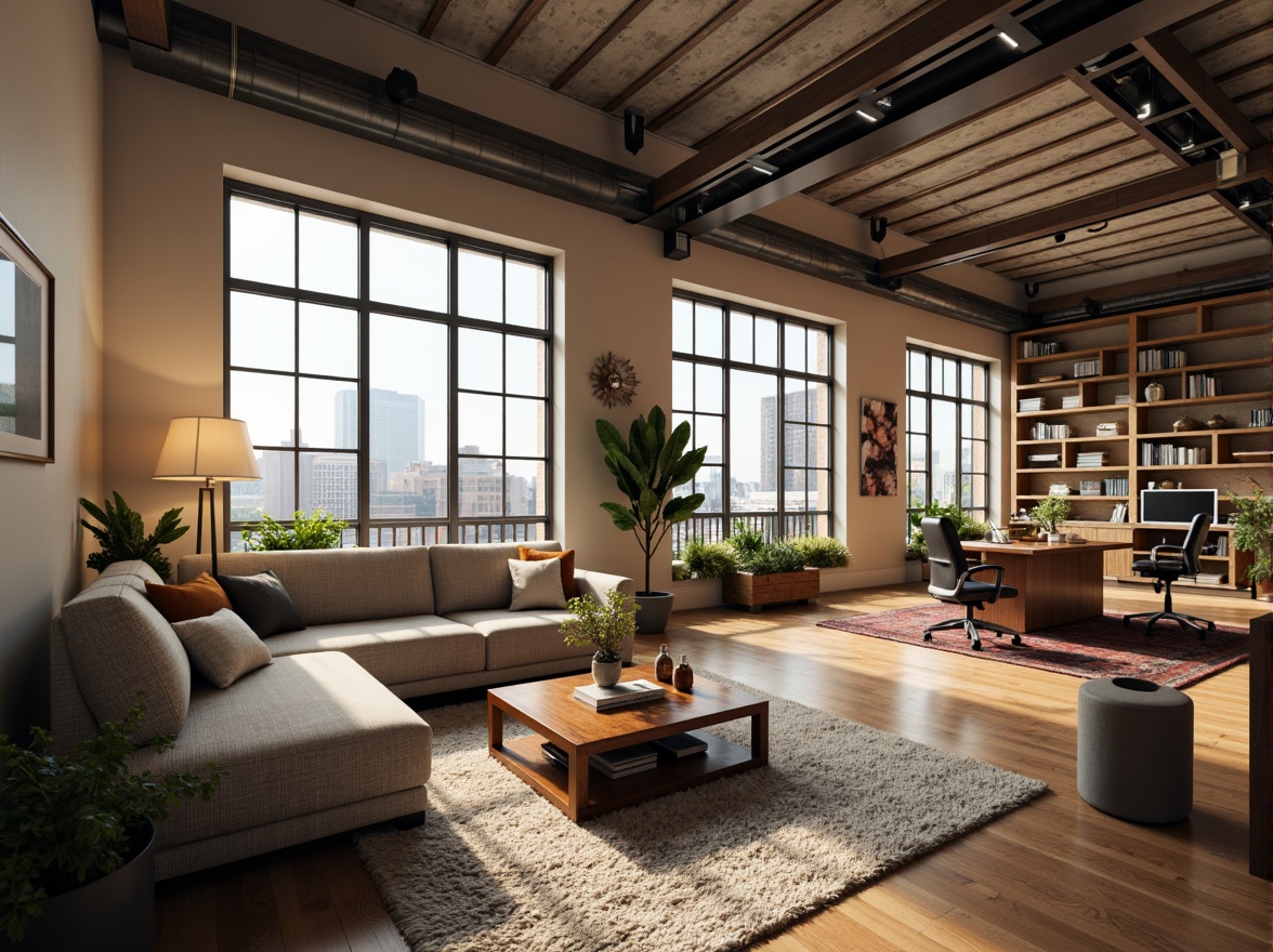 Prompt: Cozy living room, sectional sofa, wooden coffee table, plush area rug, floor lamps, minimalist decor, natural light, large windows, urban loft style, industrial chic, exposed brick walls, metal beams, functional layout, ergonomic chairs, home office workspace, bookshelves, decorative plants, warm beige colors, soft diffused lighting, 1/1 composition, shallow depth of field, realistic textures.