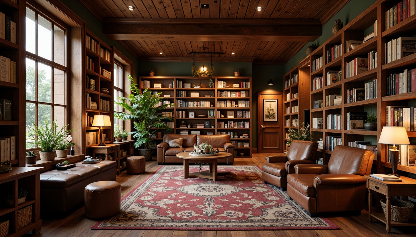 Prompt: Cozy bookstore interior, warm wooden shelves, plush area rugs, comfortable reading nooks, floor lamps, leather armchairs, rich wood grain textures, earthy color palette, natural fiber textiles, woven baskets, vintage book collections, decorative bookends, softbox lighting, 1/2 composition, inviting atmosphere, realistic fabric simulations.