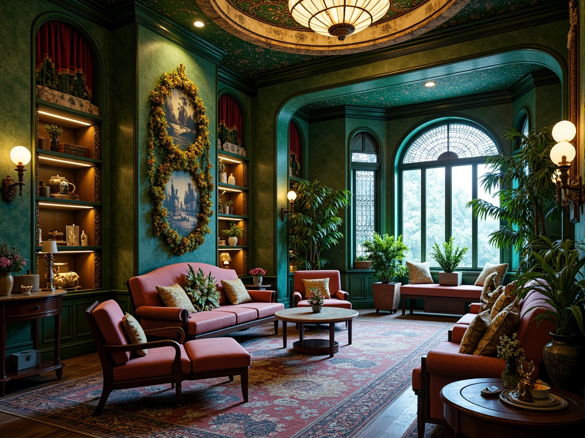 Prompt: Intricate Art Nouveau interior, flowing organic patterns, sinuous lines, ornate furnishings, lush greenery, vibrant jewel-toned colors, emerald greens, sapphire blues, amethyst purples, gold accents, copper details, rich wood tones, velvety textures, soft warm lighting, shallow depth of field, 3/4 composition, intimate atmosphere, elegant curves, luxurious fabrics, antique furnishings, vintage decorative elements, intricate mosaics, stained glass windows, ornate mirrors, lavish chandeliers.