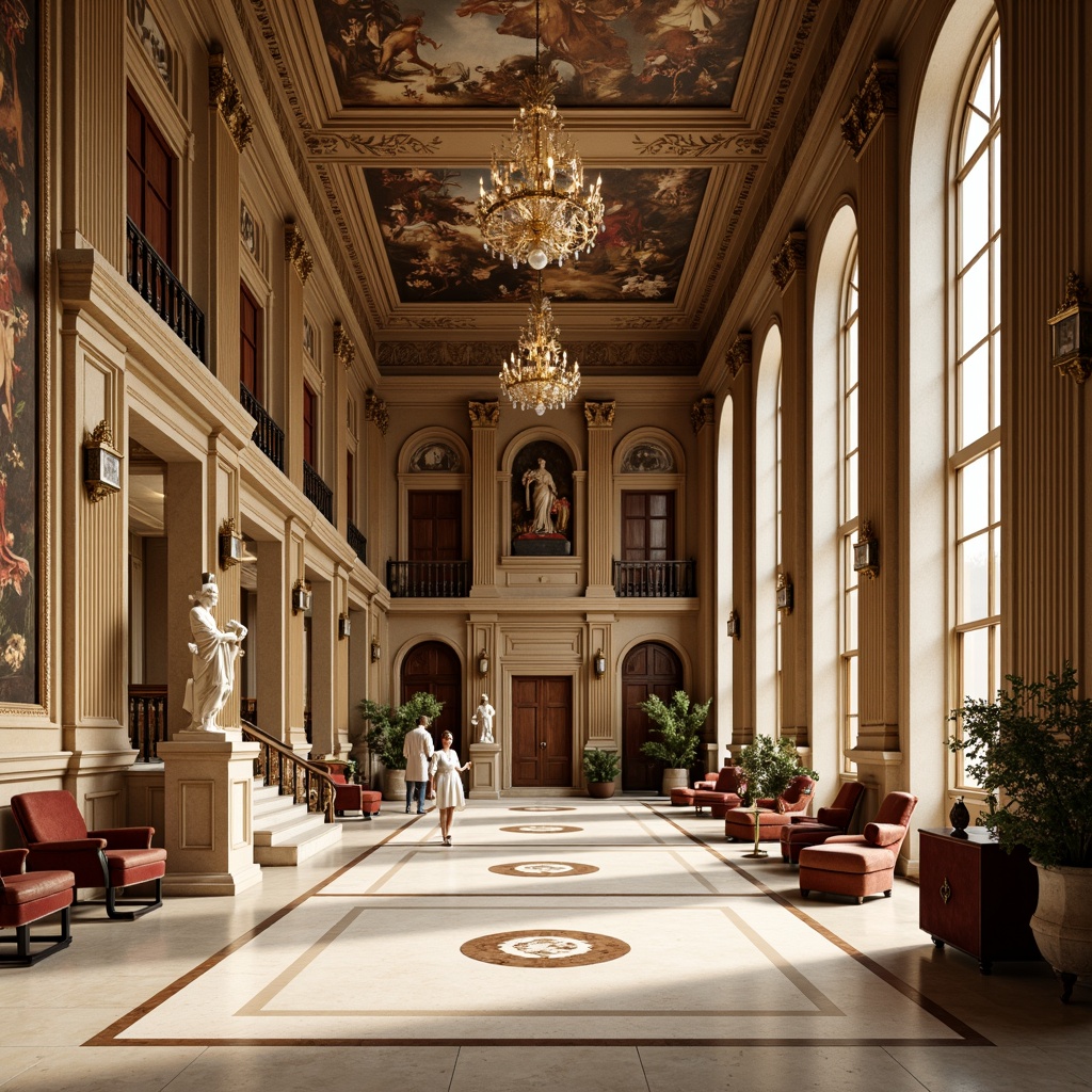 Prompt: Grandiose interior, ornate columns, Corinthian capitals, cream marble floors, lavish chandeliers, velvet drapes, rich wood paneling, intricate moldings, gilded accents, soft warm lighting, shallow depth of field, 3/4 composition, symmetrical layout, Renaissance-inspired frescoes, luxurious fabrics, antique furniture pieces, opulent accessories, majestic archways, stately staircases, classical statues.