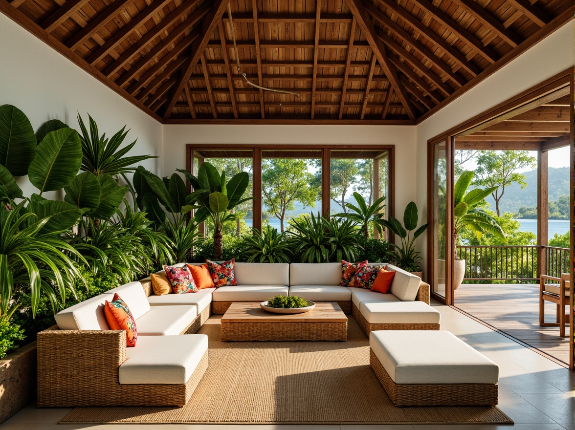 Prompt: Lush greenery, exotic plants, warm wooden accents, natural rattan furniture, woven textiles, vibrant colorful patterns, spacious open-plan living, high ceilings, large windows, sliding glass doors, outdoor-indoor connection, tropical island vibe, bright sunny day, soft diffused lighting, shallow depth of field, 1/1 composition, minimal shadows, realistic textures, ambient occlusion.