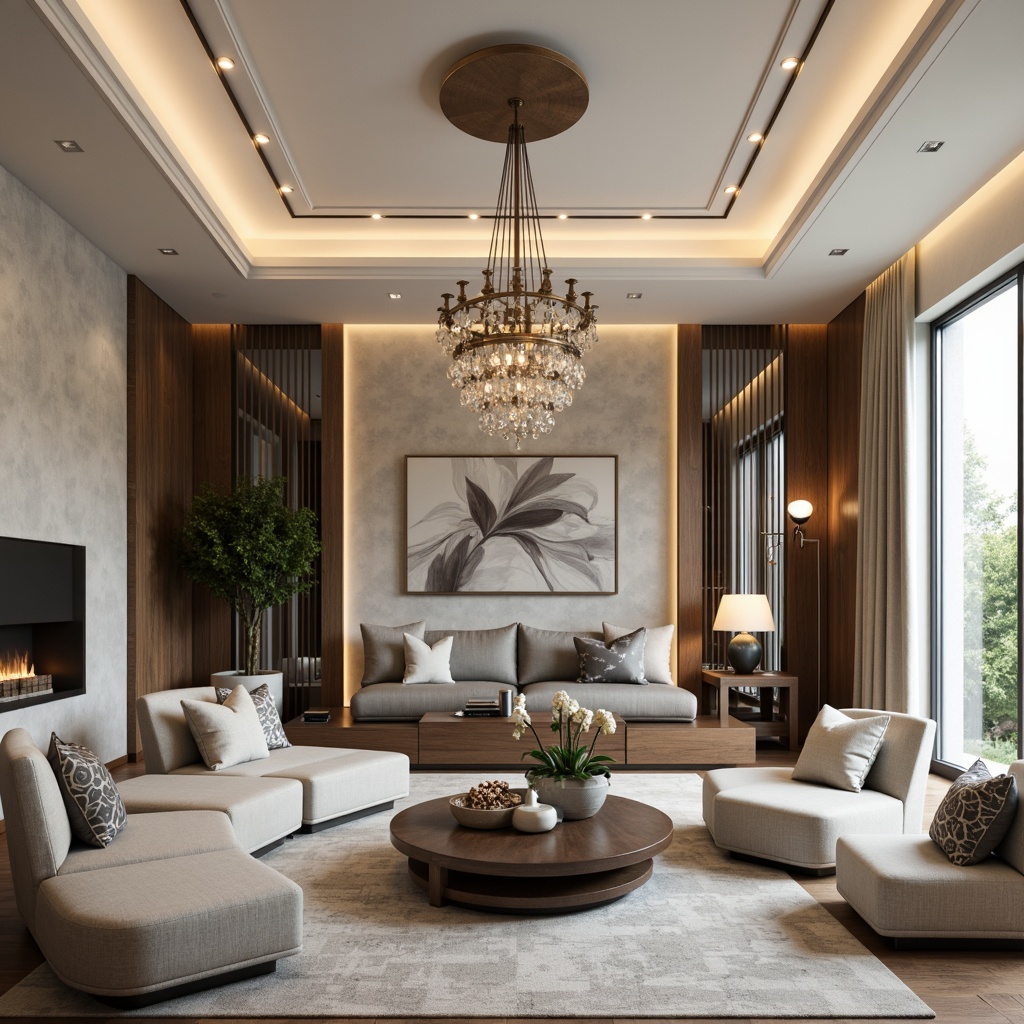 Prompt: Elegant living room, neutral color palette, creamy whites, warm beiges, soft grays, luxurious fabrics, rich wood accents, ornate metal details, sophisticated chandeliers, pendant lights, recessed lighting, LED strips, floor lamps, table lamps, modern sconces, industrial-chic fixtures, vintage-inspired designs, subtle texture contrasts, ambient warm glow, dramatic high ceilings, large windows, natural light, soft diffused illumination, 1/1 composition, realistic renderings.