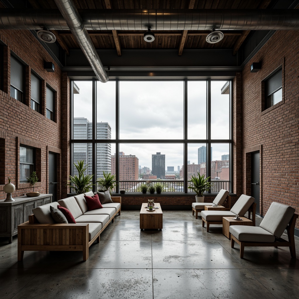 Prompt: Rustic metal accents, exposed brick walls, polished concrete floors, minimalist industrial decor, functional piping systems, reclaimed wood furnishings, geometric steel frames, brutalist architecture, urban cityscape, overcast sky, dramatic shadows, high-contrast lighting, 1/1 composition, symmetrical arrangement, monochromatic color scheme, distressed textures, ambient occlusion.