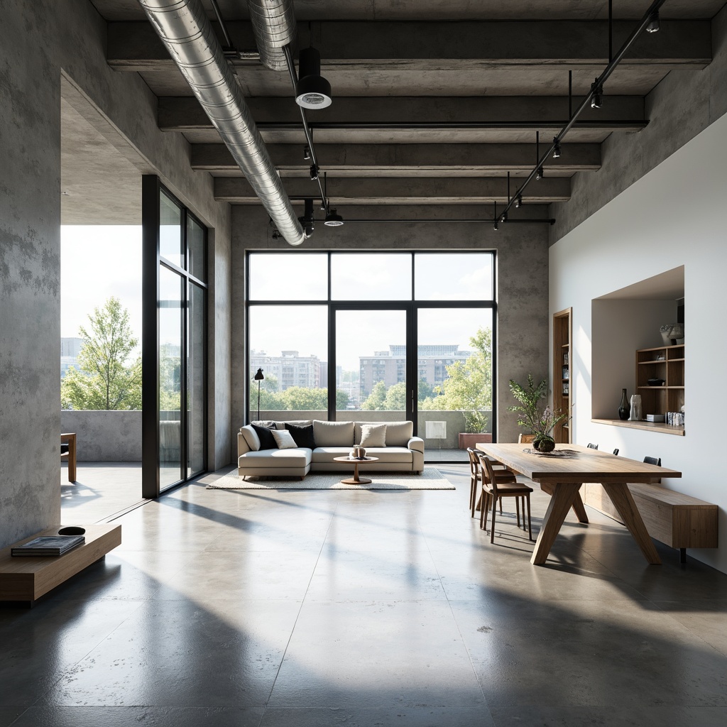 Prompt: Minimalist interior, open floor plan, industrial chic aesthetic, exposed ductwork, polished concrete floors, steel beams, functional simplicity, geometric shapes, monochromatic color scheme, natural light pouring in, large windows, sliding glass doors, urban loft atmosphere, functional living spaces, fluid transitions, airy feel, abundant daylight, simplified furnishings, built-in shelving, sleek lines, minimal ornamentation, modernist influence, 1/1 composition, softbox lighting, realistic render.