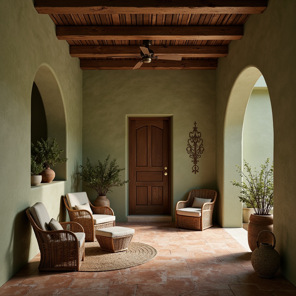 Prompt: Earthy olive tones, muted sage walls, rustic terracotta floors, natural stone textures, woven rattan furniture, distressed wood accents, vintage metal decorations, soft warm lighting, shallow depth of field, 3/4 composition, panoramic view, realistic earthy textures, ambient occlusion.