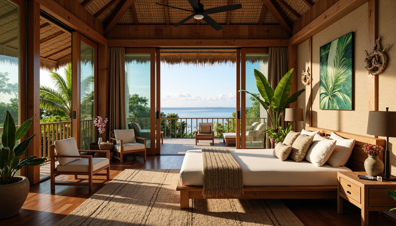 Prompt: Tropical bedroom oasis, natural wood accents, woven rattan furniture, bamboo ceiling fans, palm frond-patterned textiles, jute rugs, earthy tone color palette, organic shapes, lush greenery, potted plants, floor-to-ceiling windows, sliding glass doors, ocean views, soft warm lighting, 1/1 composition, relaxed atmosphere, natural linen bedding, woven seagrass wall coverings, driftwood decorative accents, coral-inspired accessories, tropical flower arrangements.