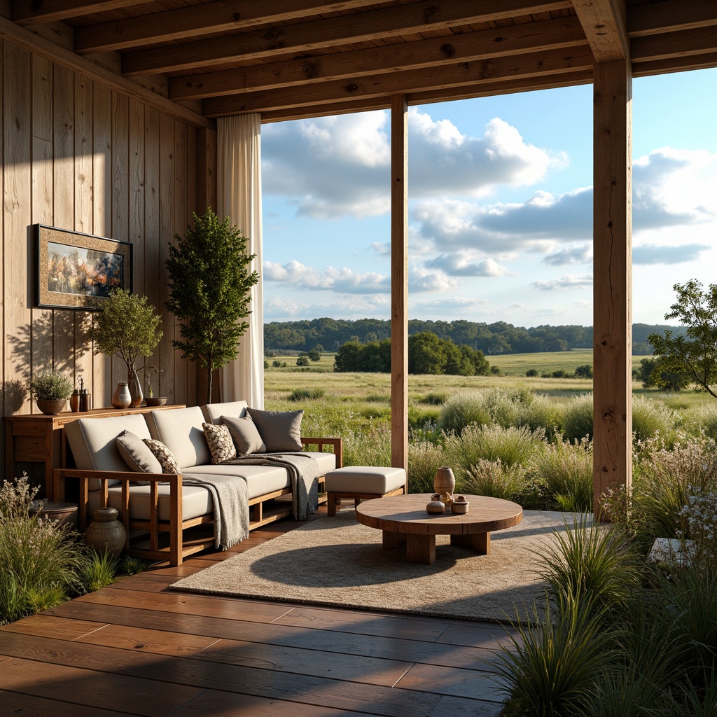 Prompt: Rustic farmhouse, earthy tones, weathered wood accents, vintage metal decor, distressed finishes, natural fabrics, soft warm lighting, cozy atmosphere, rural landscape, rolling hills, wildflowers, sunny day, cloudy blue sky, gentle breeze, 1/1 composition, realistic textures, ambient occlusion.