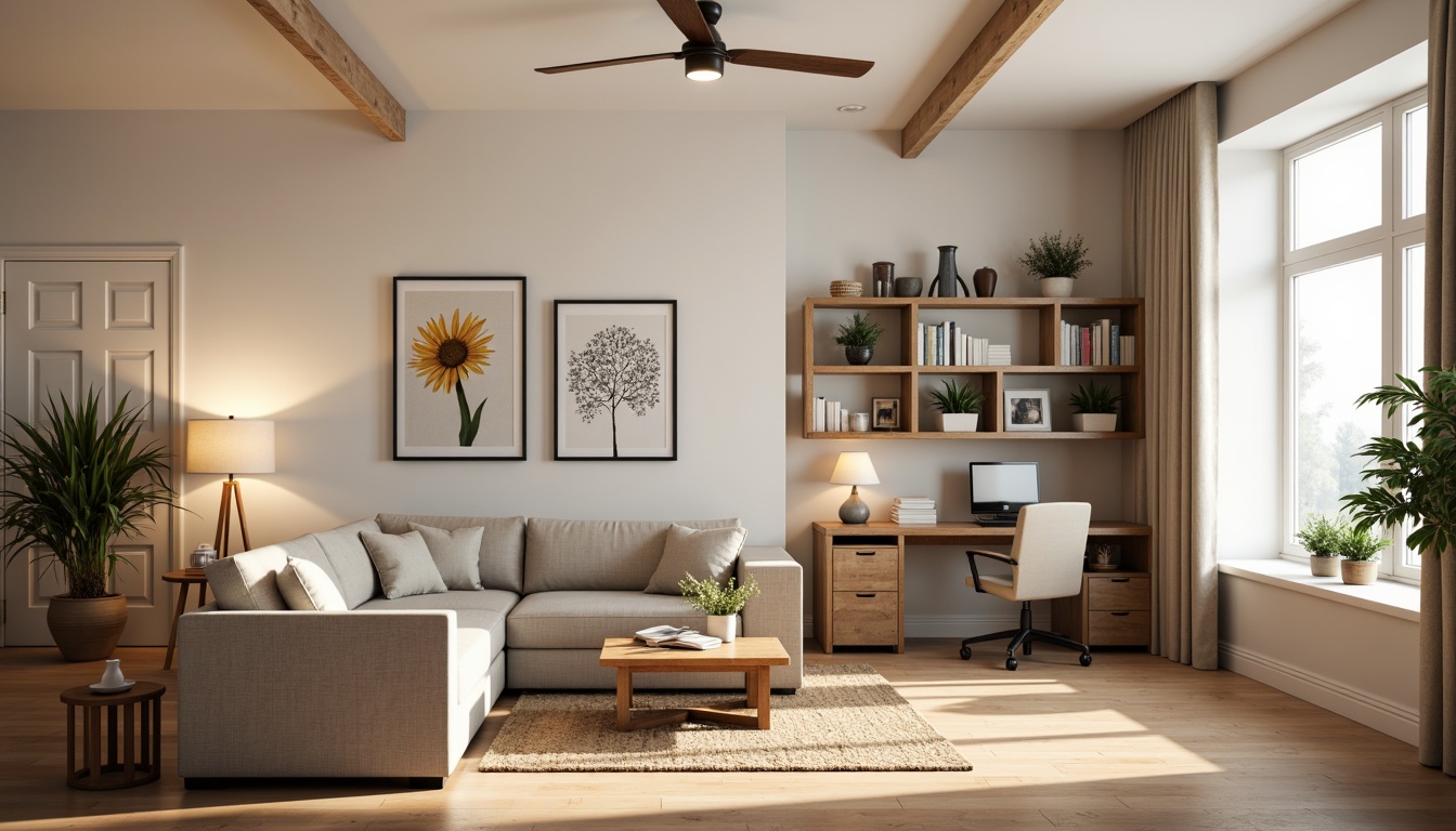 Prompt: Cozy living room, minimalist decor, comfortable sectional sofa, wooden coffee table, floor lamps, soft cushions, functional shelving units, compact storage solutions, ergonomic office chair, spacious desk area, inspirational wall art, natural fiber rug, warm beige colors, indirect lighting, 1/1 composition, realistic textures, ambient occlusion.