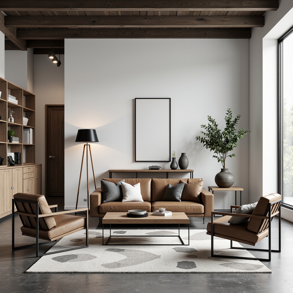 Prompt: Minimalist living room, industrial metal frames, wooden chairs, sleek coffee tables, geometric-patterned rugs, functional shelving units, tubular steel legs, leather-upholstered sofas, adjustable lamps, geometric-shaped decorative objects, monochromatic color schemes, high ceilings, large windows, natural light, airy atmosphere, 1/1 composition, softbox lighting, subtle textures, ambient shadows.