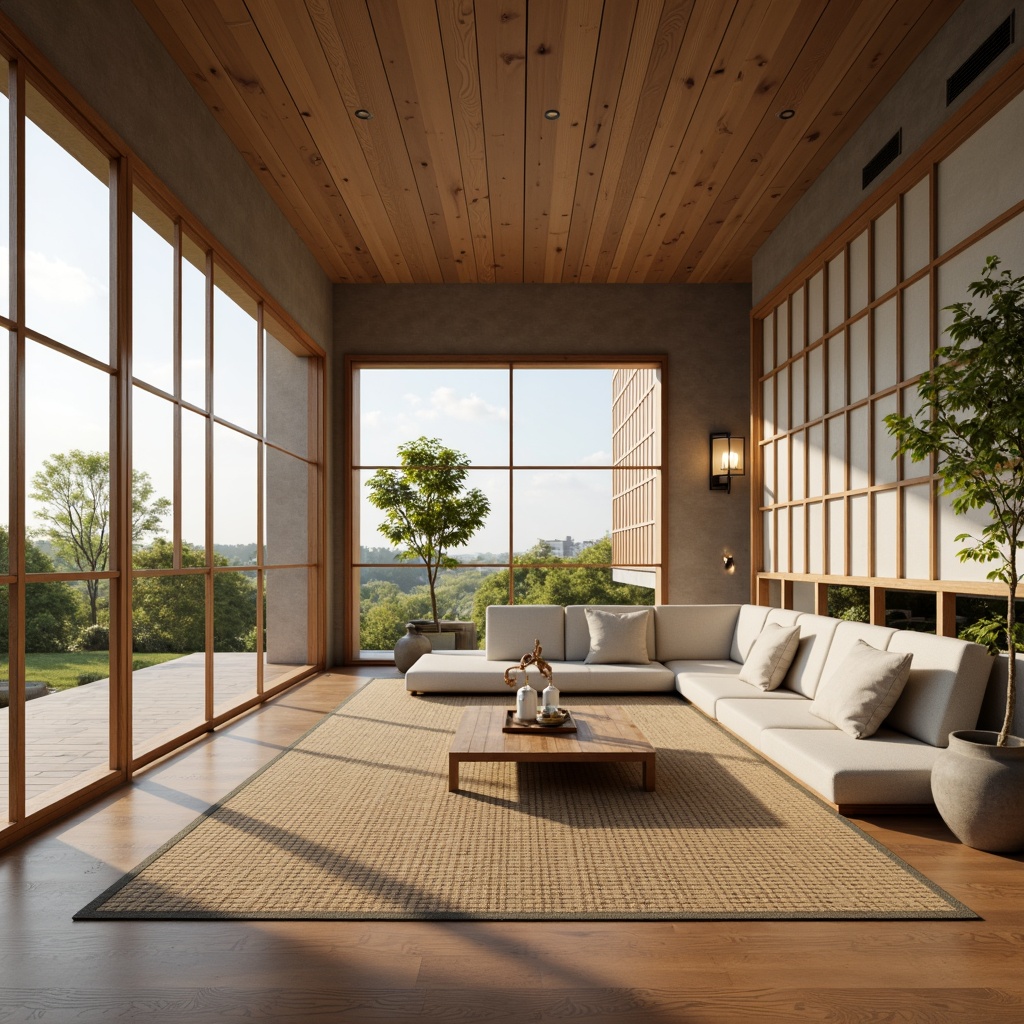 Prompt: Minimalist living room, traditional Japanese tatami mats, natural wood accents, shoji screens, sliding doors, low seating arrangements, bonsai trees, subtle lighting, paper lanterns, neutral color palette, organic textures, cozy atmosphere, calm ambiance, 1/1 composition, softbox lighting, shallow depth of field, realistic rendering.