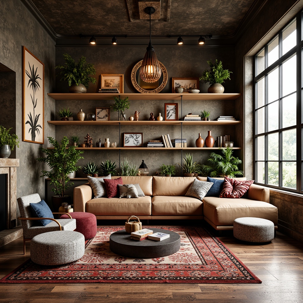 Prompt: Vibrant living room, eclectic furniture arrangement, bold geometric patterns, richly textured rugs, statement wallpaper, nature-inspired accents, warm golden lighting, modern minimalist shelves, ornate decorative mirrors, plush throw pillows, Moroccan-inspired tiles, distressed wood flooring, abstract artwork, floor-to-ceiling windows, urban loft atmosphere, industrial chic decor, 1/2 composition, soft focus, realistic reflections.