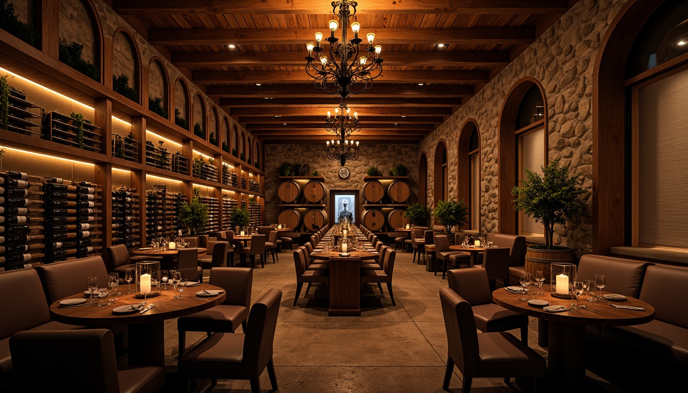 Prompt: Dimly lit wine cellar, rustic stone walls, wooden wine racks, ambient warm glow, soft spotlighting, subtle shadows, rich wood tones, elegant metalwork, ornate chandeliers, warm candlelight, dramatic floor lighting, intimate atmosphere, cozy seating areas, refined glassware displays, sophisticated wine barrels, earthy color palette, luxurious textiles, premium materials, 3/4 composition, shallow depth of field, realistic reflections.