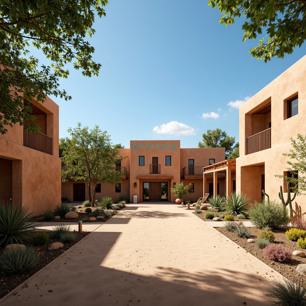 Prompt: Southwestern adobe buildings, warm earthy tones, rustic wooden accents, vibrant turquoise decorations, traditional Native American patterns, open courtyards, lush greenery, blooming cacti, sandy walkways, clear blue skies, warm sunny days, soft natural lighting, shallow depth of field, 3/4 composition, panoramic views, realistic textures, ambient occlusion.