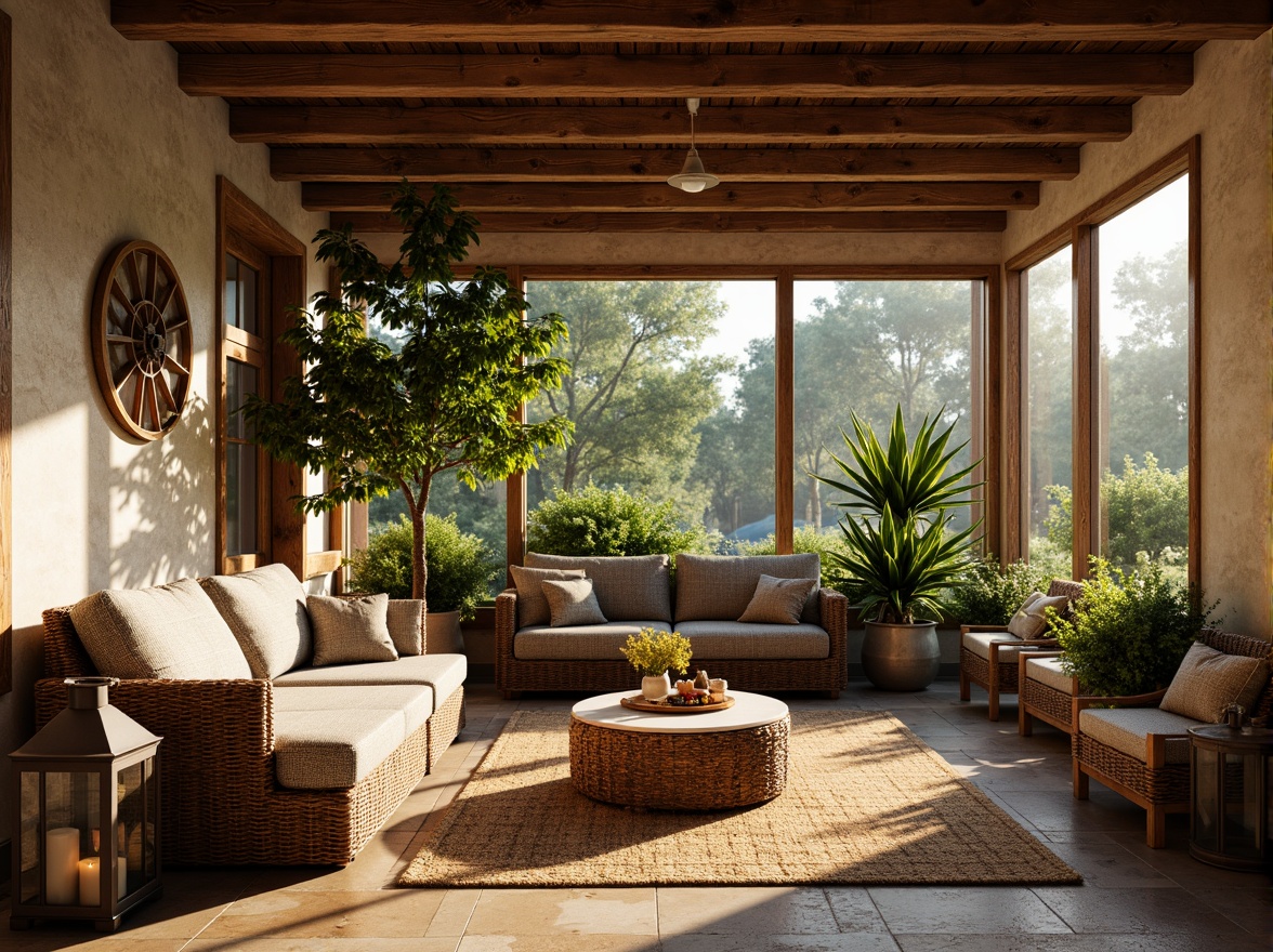 Prompt: Rustic sunroom interior, reclaimed wood accents, textured stone walls, earthy color palette, natural fiber rugs, woven wicker furniture, distressed wooden beams, vintage metal lanterns, potted greenery, lush foliage, warm golden lighting, soft shadows, cozy atmosphere, shallow depth of field, 1/1 composition, realistic textures, ambient occlusion.