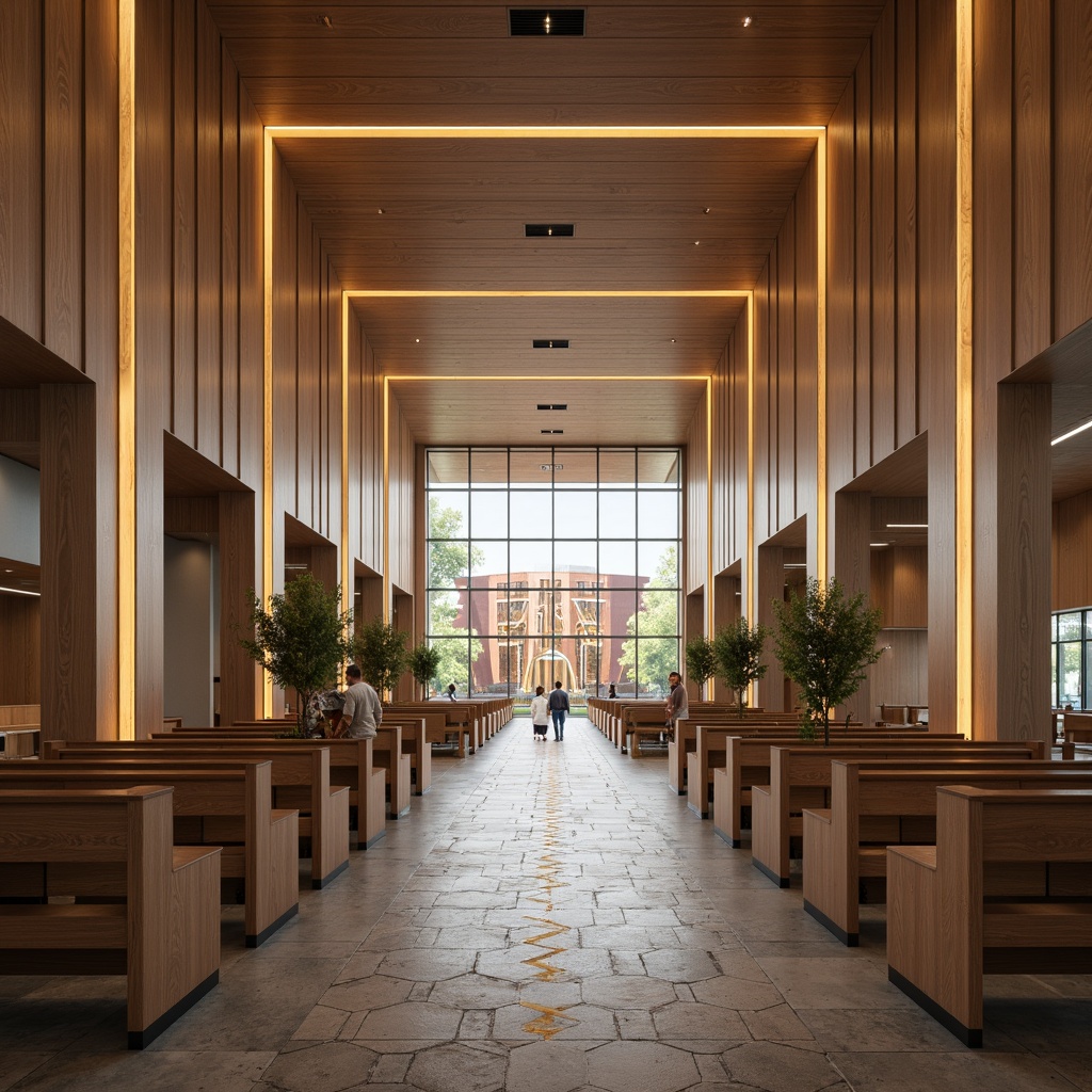 Prompt: Modern church interior, minimalist decor, neutral color palette, polished concrete floors, inlaid wood patterns, hexagonal tile designs, warm LED lighting, sleek metal accents, abstract stained glass windows, vaulted ceilings, open spaces, natural materials, eco-friendly finishes, subtle textures, soft ambient light, shallow depth of field, 2/3 composition, realistic reflections.