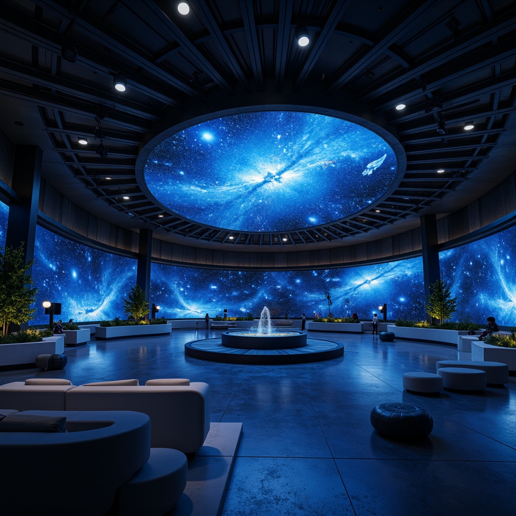 Prompt: Cosmic planetarium, minimalistic interior, dark blue tone, starry night sky, subtle ambient lighting, sleek metal beams, polished concrete floor, futuristic seating area, holographic projections, immersive audio systems, circular architecture, dome-shaped ceiling, panoramic views, zero-gravity atmosphere, celestial body displays, orbiting satellites, space exploration themes, abstract nebula patterns, soft glowing accents, 1/1 composition, shallow depth of field, cinematic lighting.