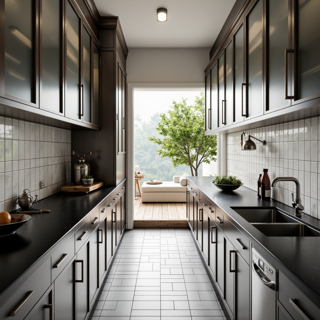 Prompt: Industrial chic pantry, Bauhaus-inspired design, metallic cabinets, frosted glass doors, aluminum handles, matte black countertops, white ceramic tiles, polished chrome fixtures, geometric patterns, minimal ornamentation, functional simplicity, natural light pouring in, shallow depth of field, 1/1 composition, softbox lighting, realistic reflections.