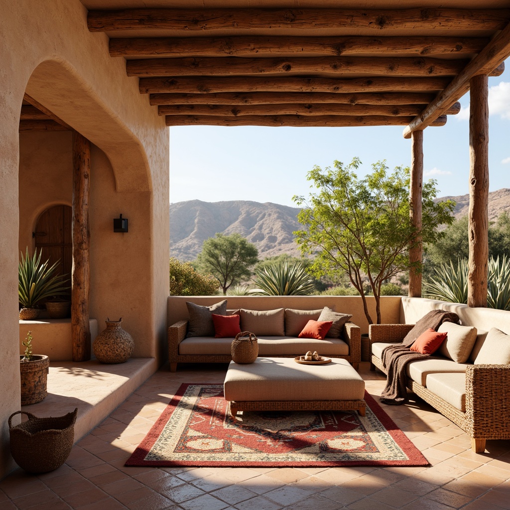 Prompt: Warm wooden accents, rustic textures, earthy tones, Southwestern-inspired design, adobe-style architecture, desert landscape, cactus plants, sandy dunes, warm sunny day, clear blue sky, natural stone walls, wooden beams, rugged wooden furniture, woven textiles, vibrant colorful patterns, geometric motifs, cozy intimate spaces, soft warm lighting, shallow depth of field, 3/4 composition, realistic textures, ambient occlusion.