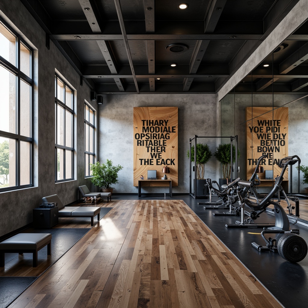 Prompt: Modern home gym, industrial-chic concrete walls, sleek metal beams, polished wooden floors, minimalist decor, motivational quotes, floor-to-ceiling mirrors, high-gloss epoxy coatings, textured 3D wall panels, rustic reclaimed wood accents, metallic paint finishes, LED strip lighting, dimmable overhead lights, cool gray tones, functional shelving units, fitness equipment silhouettes, urban loft-inspired ambiance, dramatic shadows, wide-angle lens capture, cinematic lighting, high-contrast color scheme.