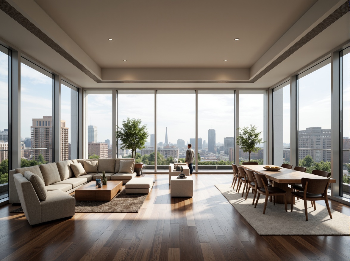 Prompt: Spacious penthouse, open floor plan, high ceilings, large windows, natural light, city skyline views, modern transitional style, minimalist decor, sleek lines, neutral color palette, polished hardwood floors, luxurious furnishings, comfortable seating areas, sophisticated ambiance, warm atmosphere, soft lighting, shallow depth of field, 3/4 composition, panoramic view, realistic textures, ambient occlusion.