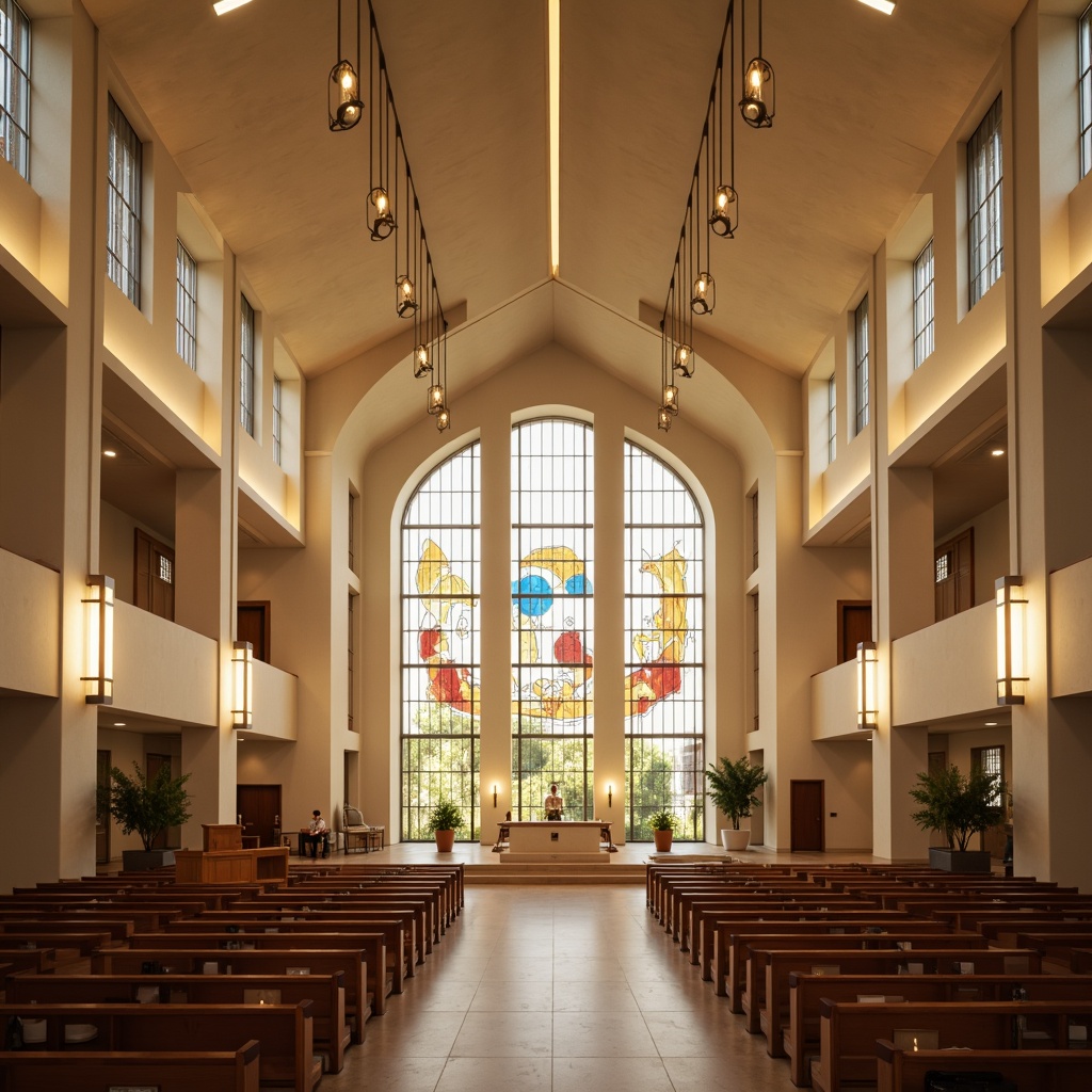 Prompt: Contemporary church interior, minimalist altar, stained glass windows, warm natural light, soft ambient glow, subtle spotlights, LED candle lights, polished wood accents, cream-colored walls, sleek metal fixtures, elegant chandeliers, symmetrical architecture, high ceilings, dramatic vertical space, peaceful atmosphere, spiritual ambiance, warm beige tones, subtle shadows, 1/2 composition, shallow depth of field, realistic textures, softbox lighting.