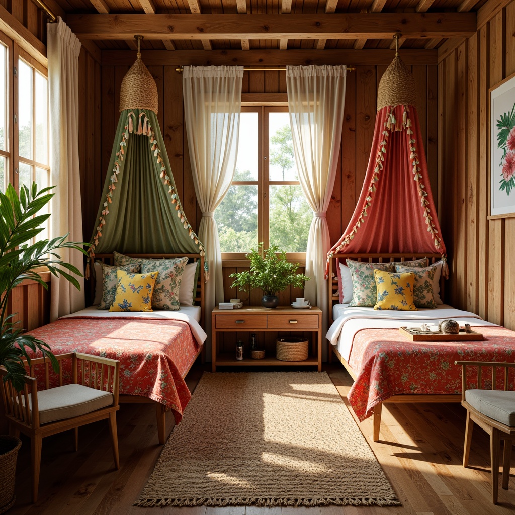 Prompt: Vibrant tropical dorm room, rattan furniture, woven bamboo accents, natural wood tones, plush palm tree-printed fabrics, colorful tassel-adorned throw pillows, rustic wooden headboards, woven sea grass wall hangings, exotic floral patterns, bright coral-colored bedding, airy mosquito net canopies, distressed wood finishes, woven jute rugs, lush greenery, warm sunny lighting, shallow depth of field, 1/1 composition, realistic textures, ambient occlusion.