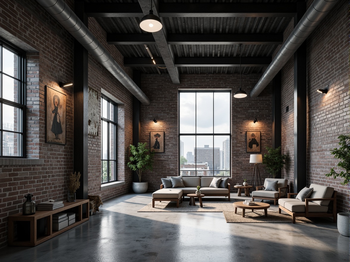 Prompt: Industrial-chic Bauhaus building, exposed brick walls, metallic beams, polished concrete floors, minimalist decor, functional pipe fixtures, reclaimed wood accents, industrial-style lighting, urban cityscape backdrop, overcast sky, dramatic shadows, high-contrast monochrome color scheme, 1/2 composition, low-angle shot, realistic textures, ambient occlusion.