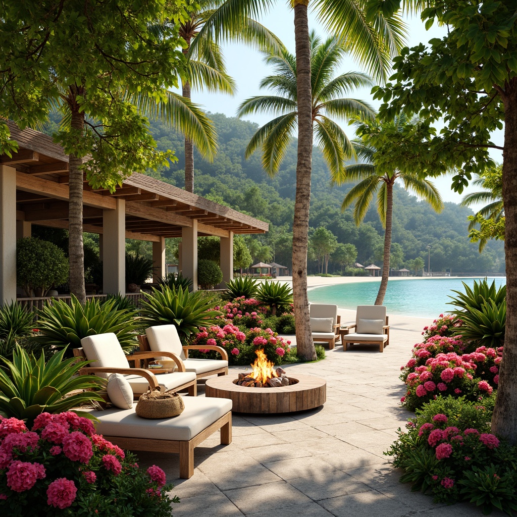 Prompt: Vibrant tropical flowers, exotic palm trees, woven rattan furniture, natural wood accents, colorful tiki torches, rustic stone walls, lush green foliage, warm sandy beaches, clear turquoise water, sunny bright lighting, soft misty atmosphere, 1/1 composition, shallow depth of field, realistic textures, ambient occlusion.