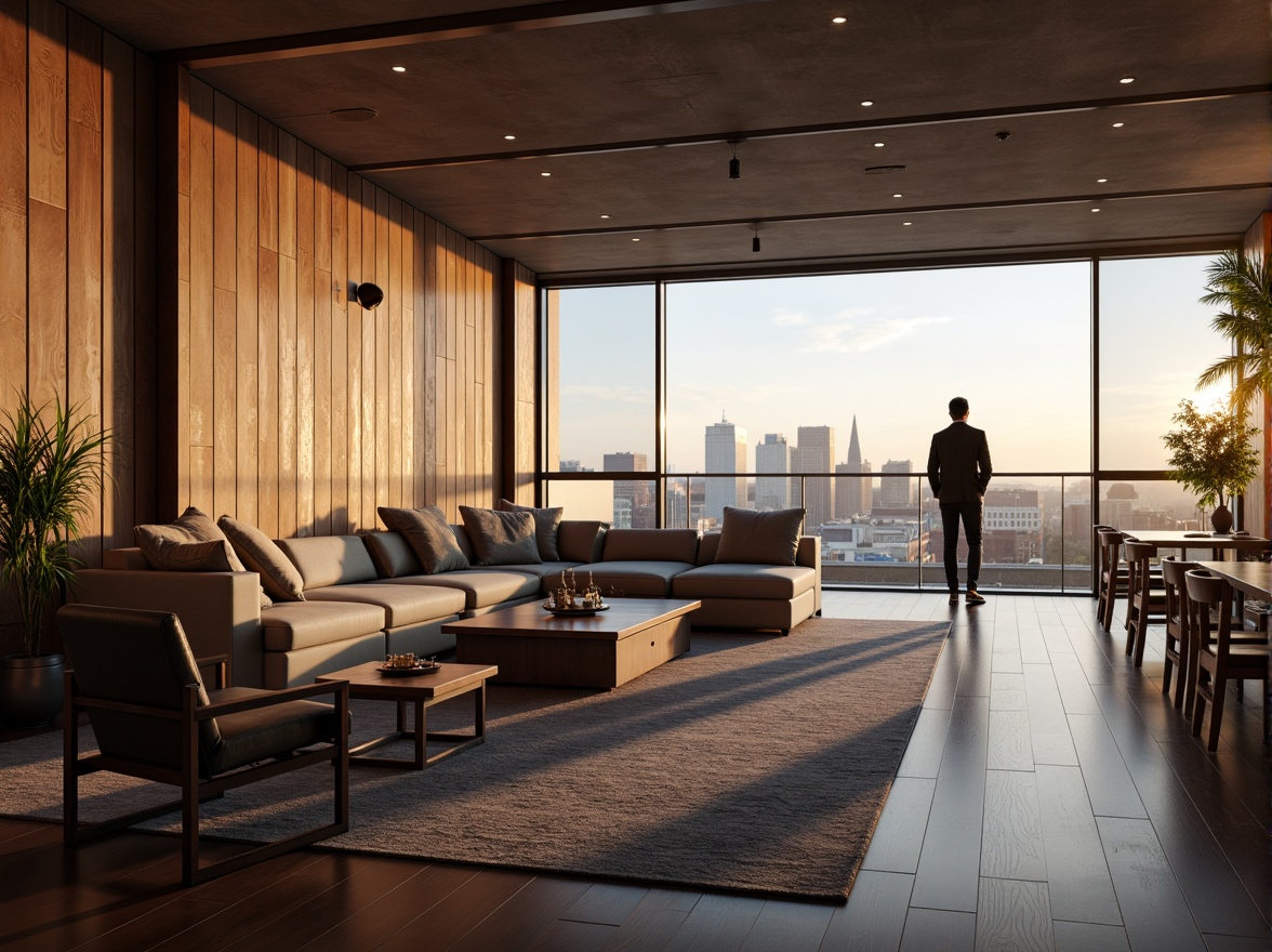 Prompt: Luxurious penthouse, textured walls, rich wood paneling, metallic accents, floor-to-ceiling windows, panoramic city views, sleek modern furniture, lavish fabrics, ambient warm lighting, 1/1 composition, shallow depth of field, soft focus effect, realistic normal maps, detailed bump maps.