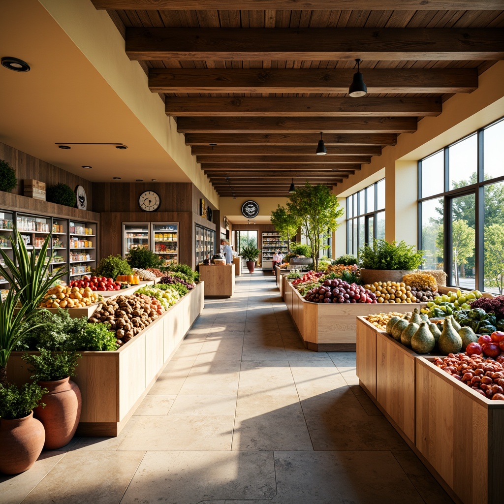 Prompt: Vibrant grocery store interior, warm beige walls, rich wood accents, fresh greenery, appetizing food displays, colorful product packaging, modern shelving units, stainless steel refrigerators, natural stone flooring, earthy terracotta planters, abundant natural light, soft warm lighting, shallow depth of field, 3/4 composition, realistic textures, ambient occlusion.