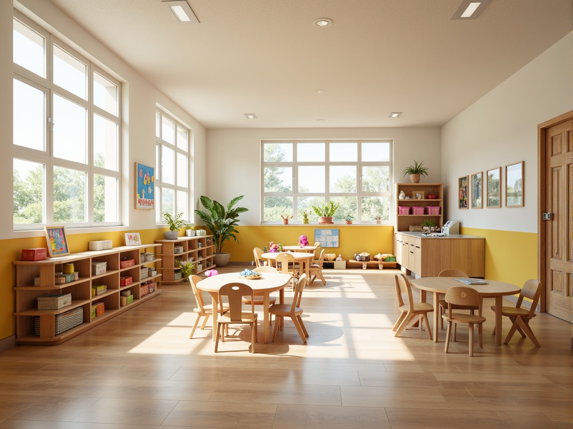 Prompt: Vibrant kindergarten classroom, minimalist furniture design, streamline moderne style, curved wooden tables, ergonomic chairs, colorful storage bins, educational toys, soft cushions, rounded edges, safety-first design, natural wood accents, pastel color palette, warm lighting, shallow depth of field, 1/1 composition, realistic textures, ambient occlusion.