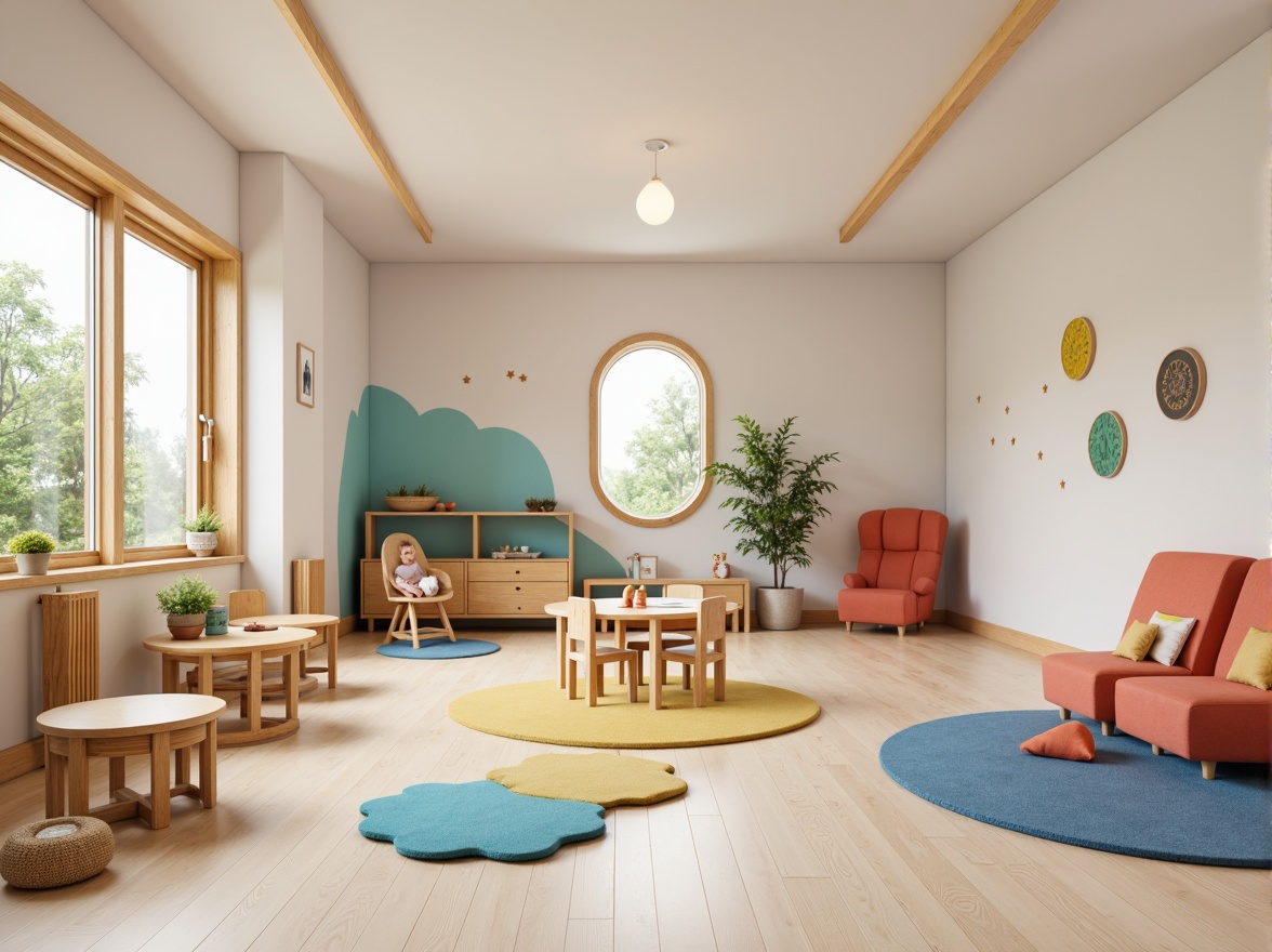 Prompt: Minimalist kindergarten interior, soft pastel colors, rounded edges, wooden furniture, ergonomic chairs, colorful cushions, interactive play tables, modular shelving units, natural wood textures, matte finish, gentle lighting, warm atmosphere, playful decorations, educational wall art, cozy reading nooks, circular shapes, smooth curves, Streamline Moderne style, Scandinavian influences, functional simplicity, durable materials, easy-to-clean surfaces, joyful ambiance, soft focus, shallow depth of field, 1/1 composition.