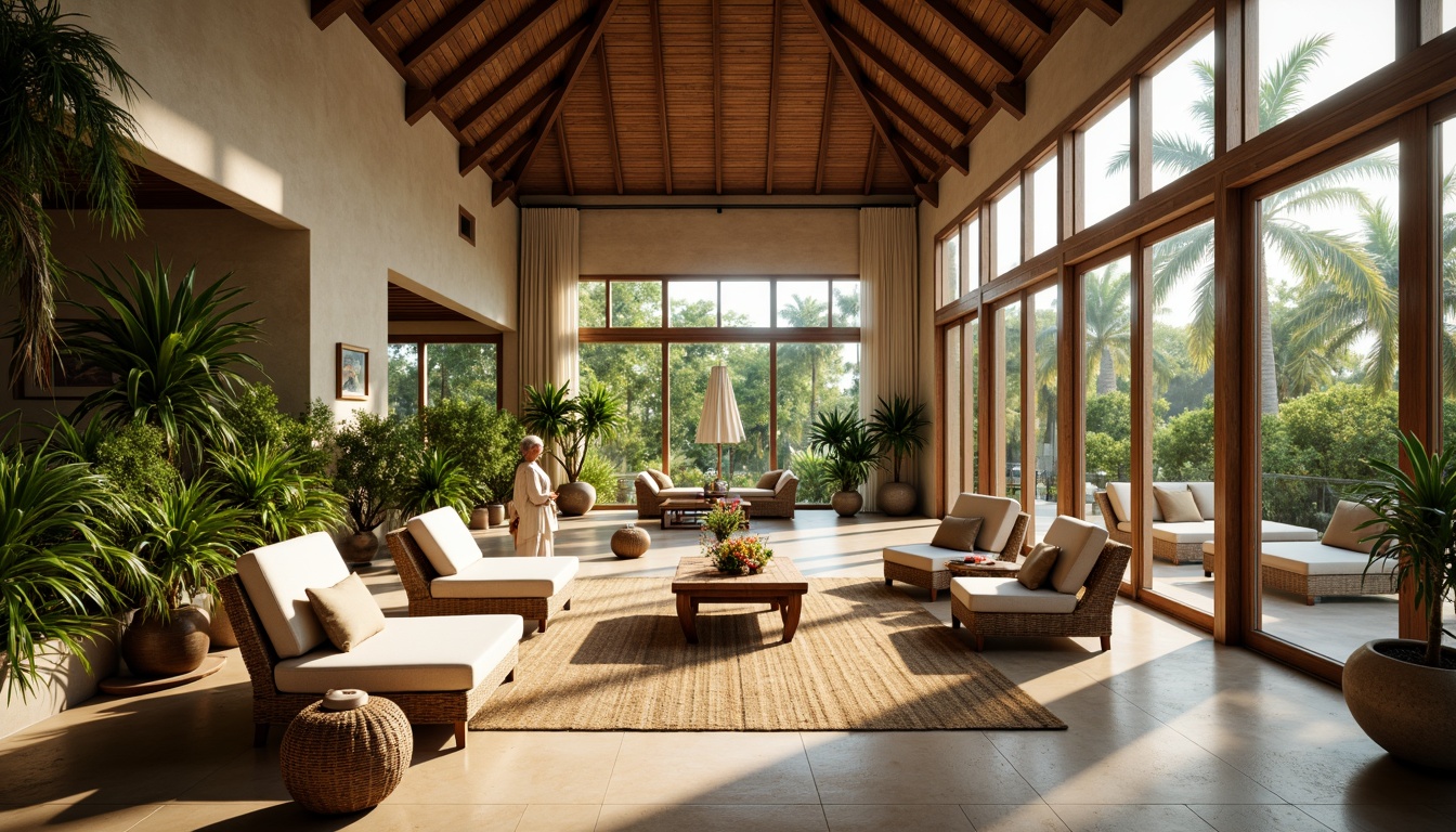 Prompt: Tropical great room, high ceilings, wooden beams, large windows, sliding glass doors, natural light pouring in, bright airy atmosphere, lush greenery, palm trees, vibrant floral arrangements, rattan furniture, woven textiles, earthy tones, warm beige walls, polished wood floors, modern minimalist decor, ambient soft lighting, 1/1 composition, realistic textures, shallow depth of field.