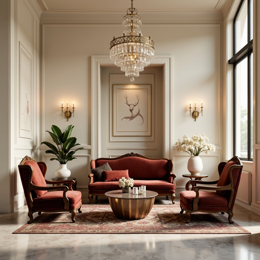 Prompt: Luxurious velvet sofas, ornate wooden armchairs, sleek glass coffee tables, richly patterned rugs, crystal chandeliers, polished marble floors, elegant cream walls, subtle gold accents, refined minimalist decor, soft warm lighting, shallow depth of field, 1/1 composition, realistic textures, ambient occlusion.