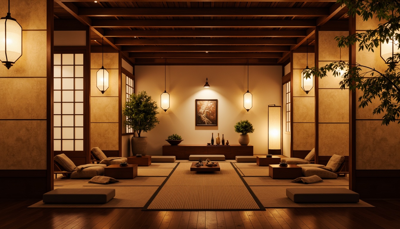 Prompt: Warm ambiance, traditional Asian decor, paper lanterns, soft glowing lights, natural wood accents, sliding shoji screens, rice paper textures, minimalist furnishings, low-seating areas, tatami mats, bonsai trees, subtle color palette, earthy tones, gentle shadows, warm beige lighting, 1/2 composition, intimate atmosphere, realistic reflections, ambient occlusion.