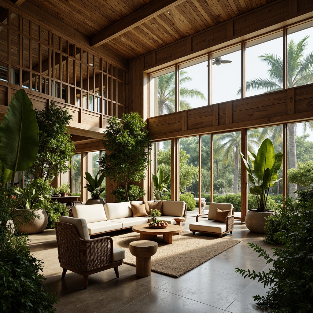 Prompt: Lush greenery, natural materials, woven rattan furniture, wooden accents, earthy tones, high ceilings, large windows, sliding glass doors, cross ventilation, tropical plants, exotic flowers, soft warm lighting, shallow depth of field, 3/4 composition, realistic textures, ambient occlusion, open-plan living area, spacious interior, airy atmosphere, natural airflow, ceiling fans, decorative shutters, distressed wood finishes, woven textiles, organic patterns.