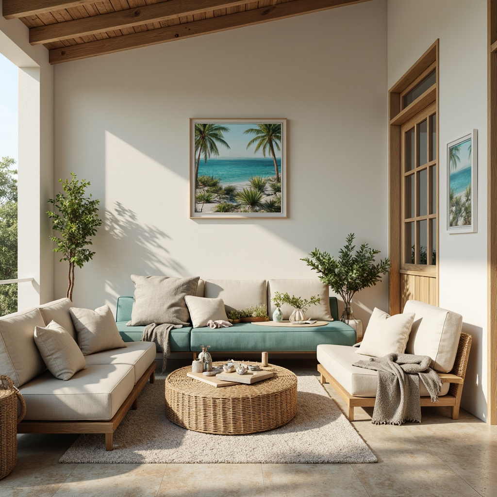 Prompt: Soft cream walls, weathered wood accents, calming turquoise hues, ocean-inspired blues, sandy beige floors, natural textiles, woven rattan furniture, driftwood decorations, coastal-themed stained glass, serene ambiance, gentle warm lighting, subtle shadowing, 1/1 composition, intimate atmosphere, realistic fabric textures, ambient occlusion.Let me know if you need any adjustments!