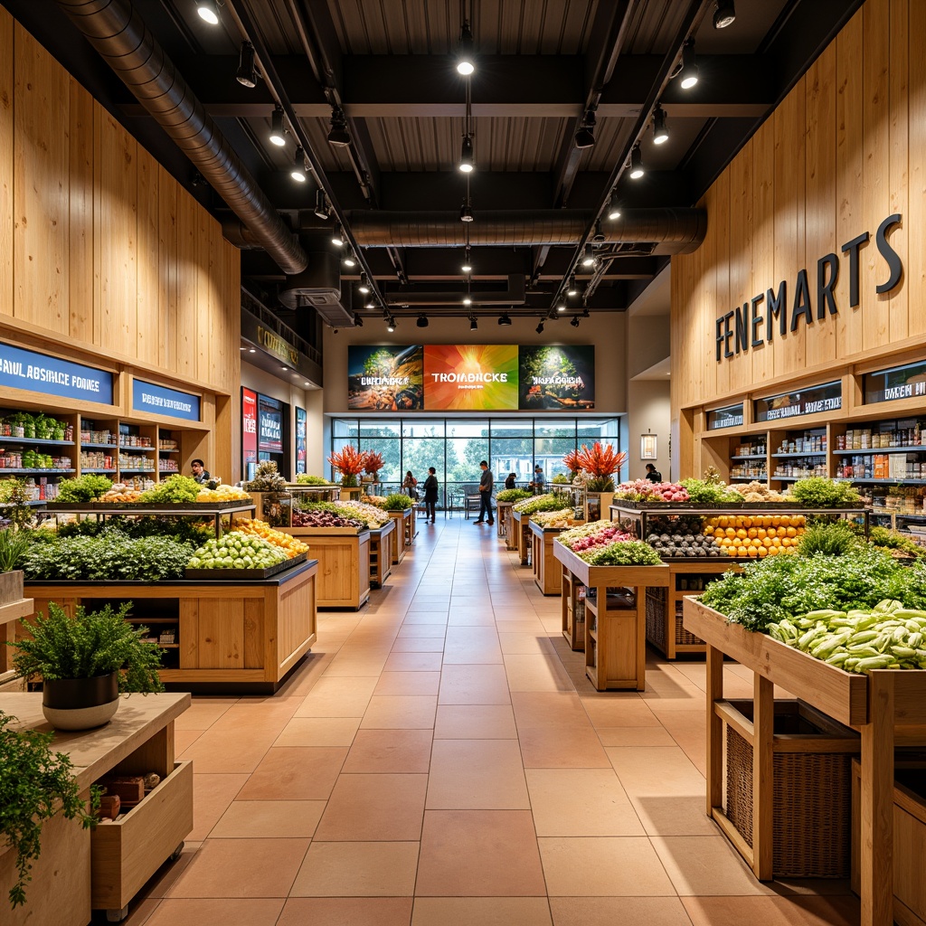 Prompt: Vibrant grocery store interior, warm beige walls, rich wood accents, fresh green produce stands, colorful food packaging, bright LED lighting, modern industrial shelving, earthy terracotta floors, natural stone countertops, inviting entrance signage, bold brand logos, energetic color blocking, harmonious typography, clean minimalist aesthetic, overhead track lighting, abundant natural light, lively atmosphere, 1/1 composition, soft focus blur, realistic textures, ambient occlusion.