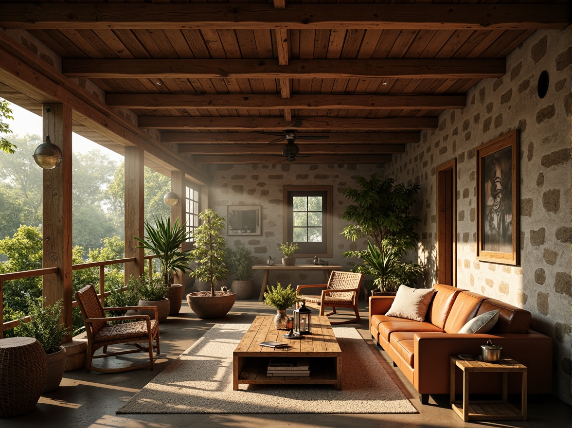 Prompt: Rustic farmhouse interior, vintage wooden beams, natural stone walls, earthy color palette, distressed leather sofas, reclaimed wood coffee tables, woven wicker chairs, antique metal lanterns, lush greenery, potted plants, cinematic lighting, warm golden tones, soft focus, shallow depth of field, 2/3 composition, atmospheric mist, realistic textures, ambient occlusion.