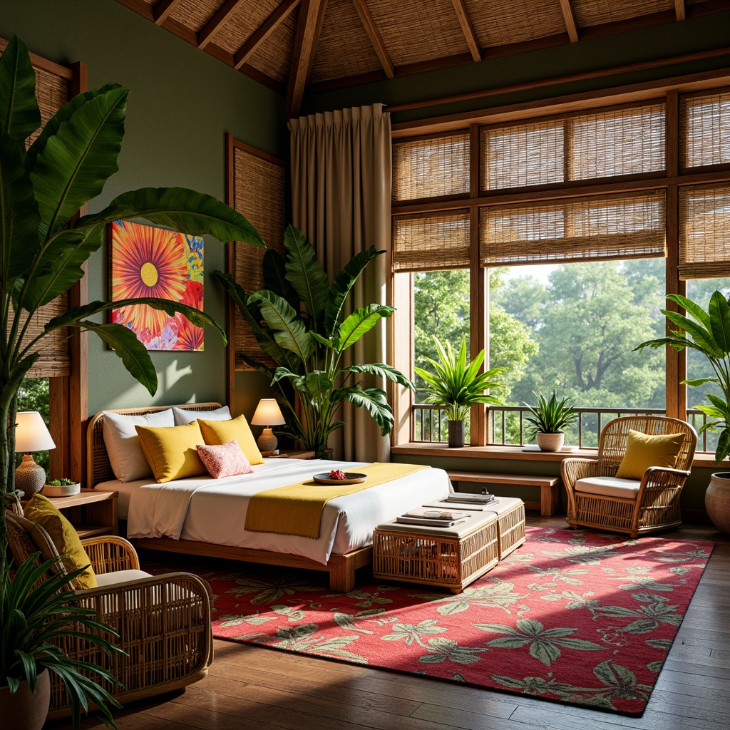 Prompt: Vibrant tropical bedroom, lush greenery, exotic plants, rattan furniture, natural fibers, woven textiles, colorful batik patterns, bold floral motifs, bright coral hues, sunny yellow accents, soft cream tones, plush area rugs, woven bamboo blinds, wooden accent walls, reclaimed wood flooring, cozy reading nook, warm task lighting, shallow depth of field, 1/1 composition, intimate atmosphere, realistic textures.