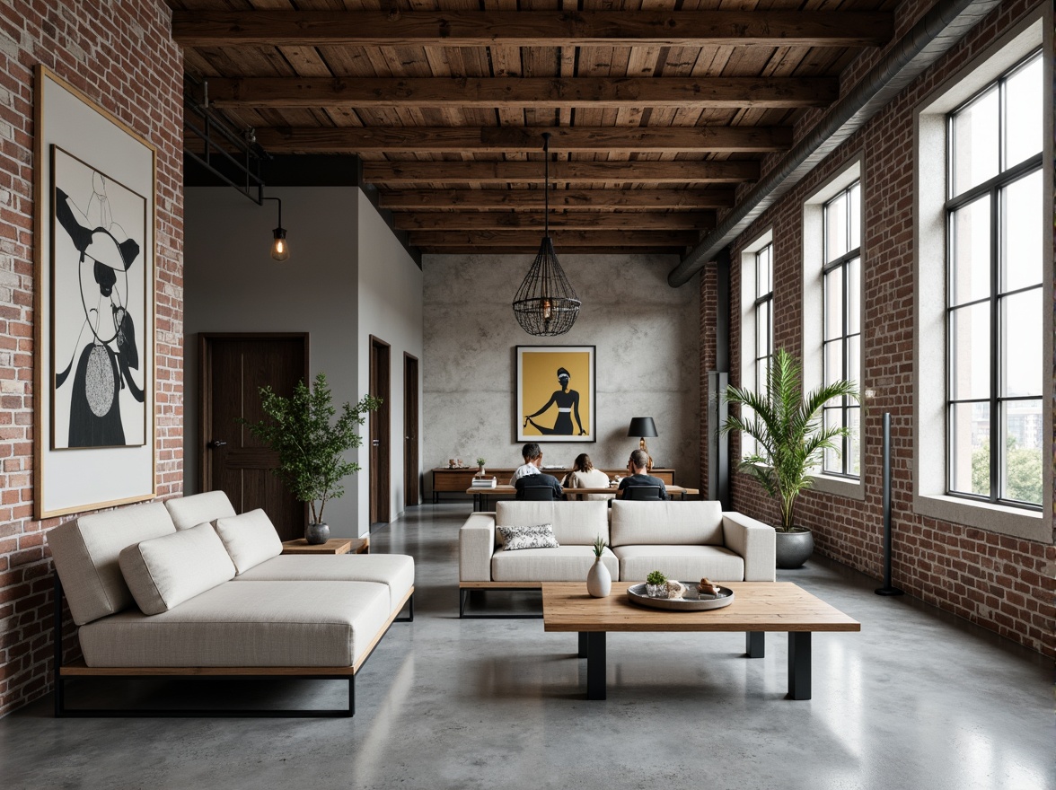 Prompt: Monochromatic color scheme, industrial materials, exposed brick walls, polished concrete floors, minimalist decor, geometric shapes, metal accents, functional furniture, clean lines, rectangular forms, primary color palette, bold typography, abstract artwork, natural light, airy atmosphere, high ceilings, open floor plans, wooden beam structures, distressed wood textures, matte finishes, cold tone lighting, 1/1 composition, symmetrical framing.