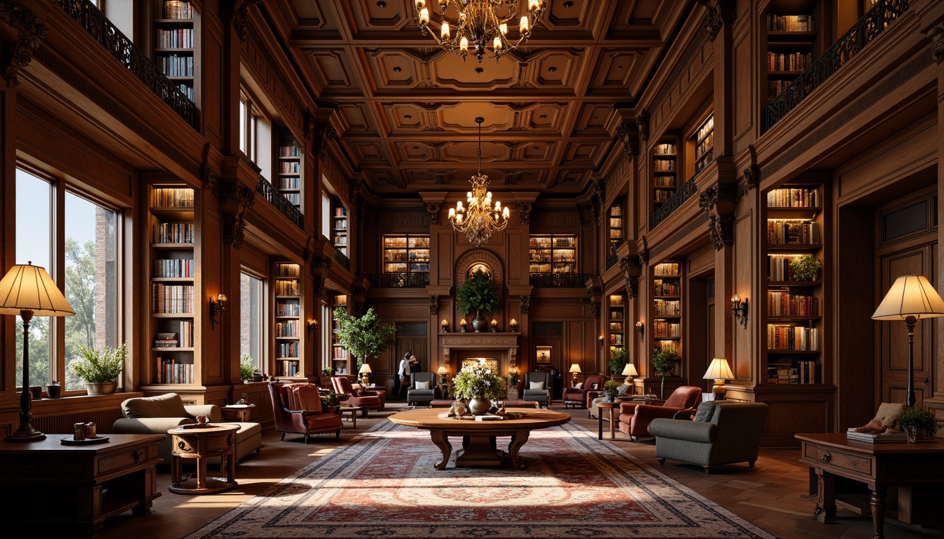 Prompt: Grandiose library interior, rich wood tones, ornate shelving units, ladder bookcases, leather-bound tomes, vintage reading lamps, plush armchairs, intricate moldings, high ceilings, elegant chandeliers, warm golden lighting, soft focus, shallow depth of field, 2/3 composition, realistic textures, ambient occlusion.