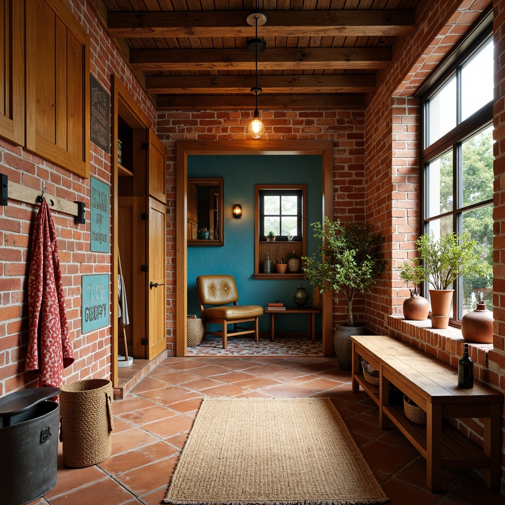 Prompt: Vibrant mudroom interior, expressionism style, eclectic color palette, rustic wooden accents, distressed finishes, natural stone flooring, terracotta tiles, earthy tones, woven fiber rugs, geometric patterns, industrial metal accents, exposed brick walls, reclaimed wood beams, warm overhead lighting, dramatic shadows, 1/1 composition, shallow depth of field, realistic textures.