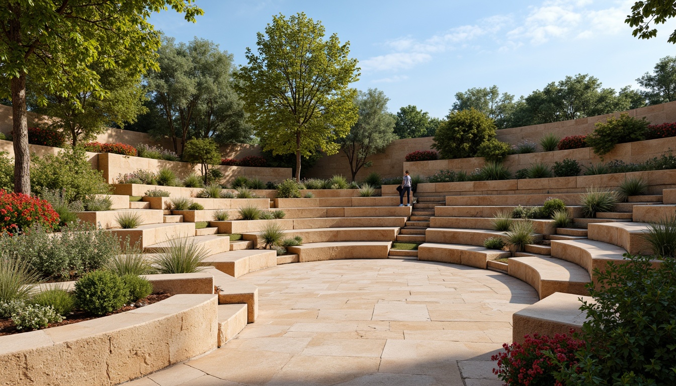 Prompt: Earthy amphitheater, natural stone seating, lush greenery surroundings, vibrant blooming flowers, warm beige tone, earthy brown accents, soft creamy whites, rich terracotta reds, calming blue skies, sunny day, soft warm lighting, shallow depth of field, 3/4 composition, panoramic view, realistic textures, ambient occlusion.