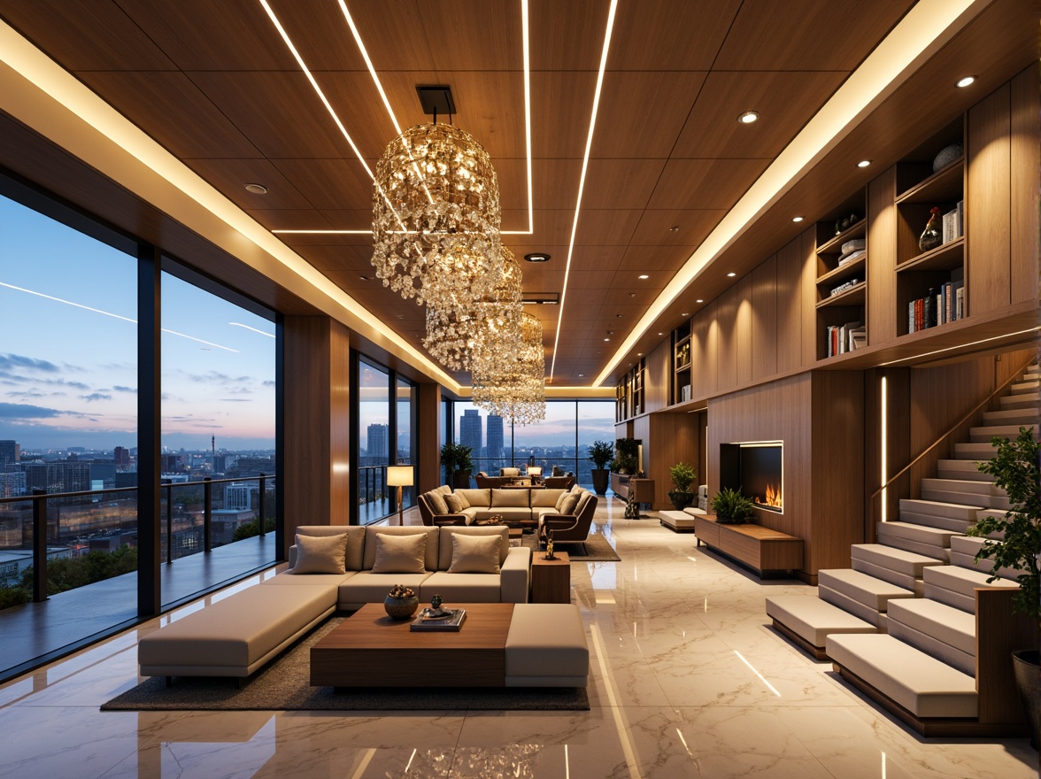 Prompt: Luxurious penthouse interior, sleek modern furniture, floor-to-ceiling windows, panoramic city views, lavish chandeliers, LED strip lights, ambient mood lighting, warm golden tones, high ceilings, minimalist decor, polished marble floors, metallic accents, sophisticated color palette, dramatic staircases, spacious open-plan living area, cozy reading nooks, futuristic smart home systems, automated blinds, crystal pendant lights, softbox lighting, 1/1 composition, shallow depth of field, realistic textures.