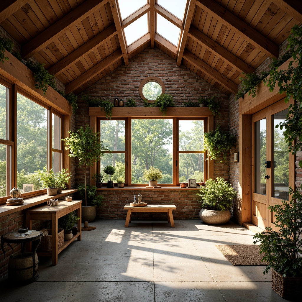 Prompt: Rustic sunroom, wooden beams, exposed brick walls, natural stone flooring, large windows, sliding glass doors, skylights, clerestory windows, lush greenery, blooming flowers, vintage decorative items, distressed wood furniture, earthy color palette, warm cozy ambiance, soft diffused lighting, gentle morning light, dramatic afternoon shadows, 3/4 composition, panoramic view, realistic textures, ambient occlusion.